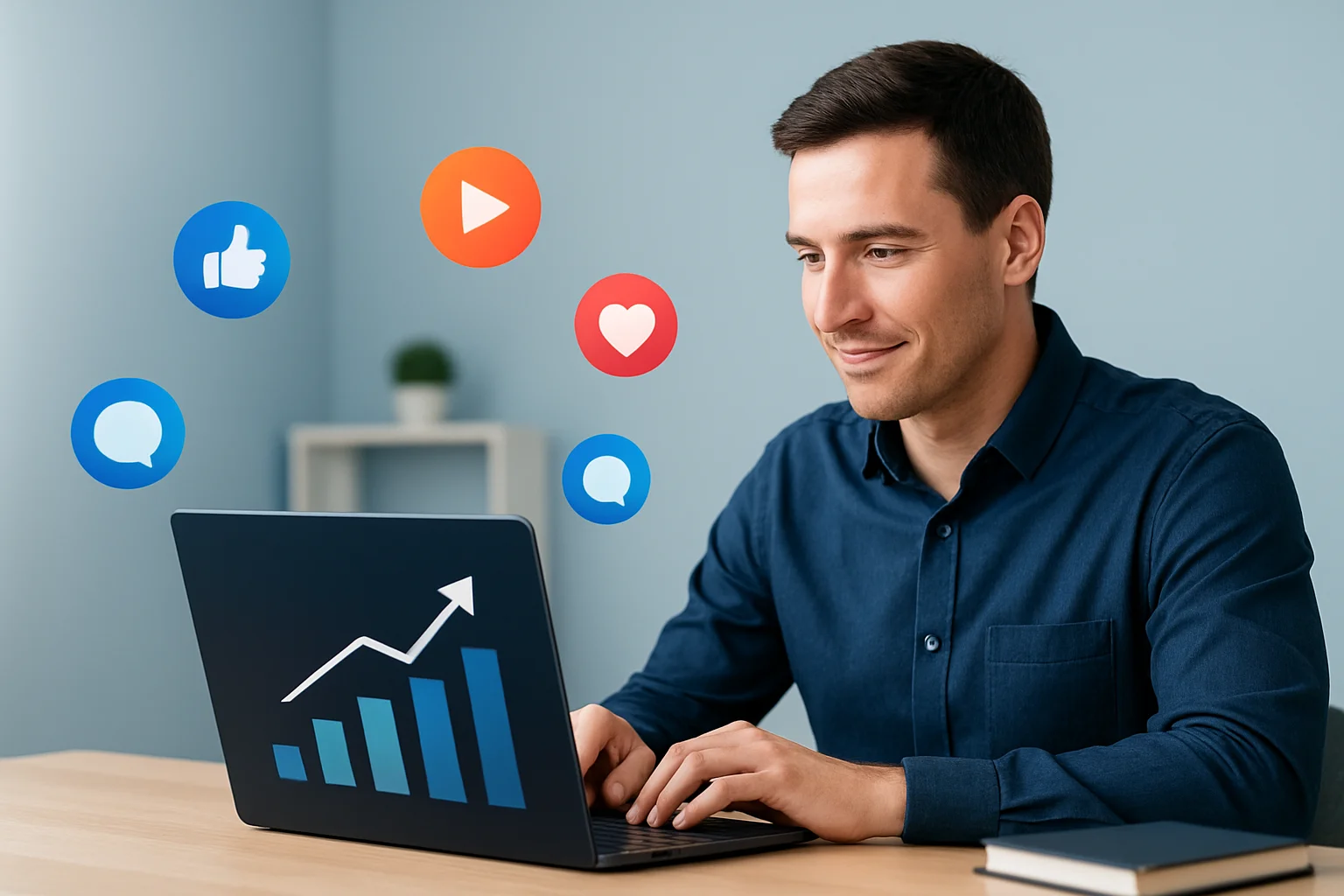 Homme travaillant sur ordinateur avec icônes réseaux sociaux