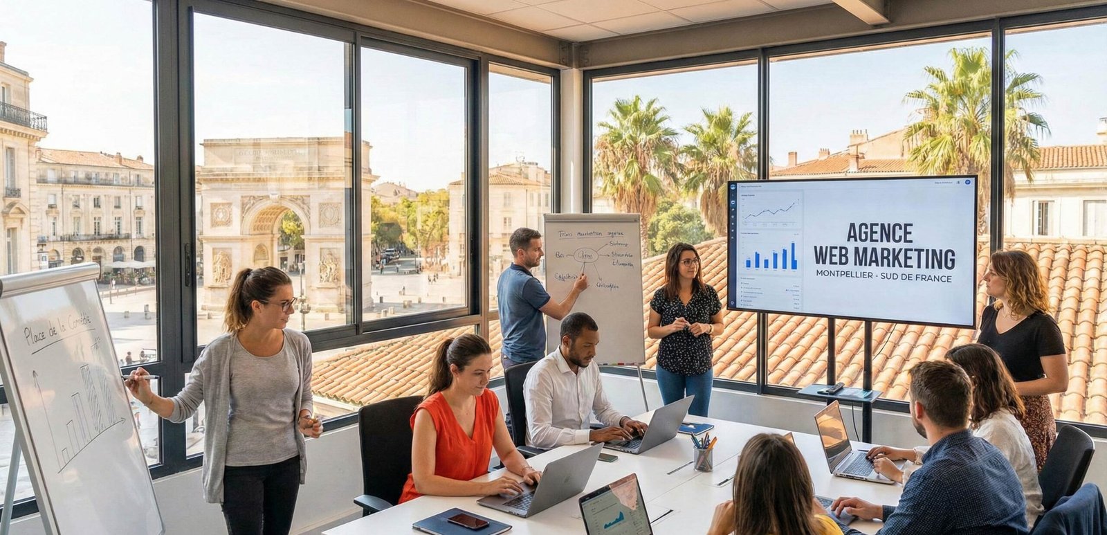 Réunion d'équipe dans une agence web marketing.