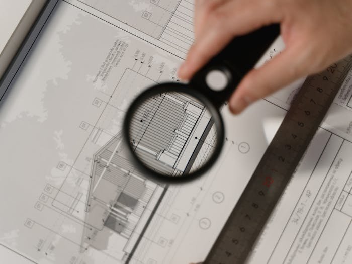 Loupe examinant un plan architectural d&eacute;taill&eacute;.