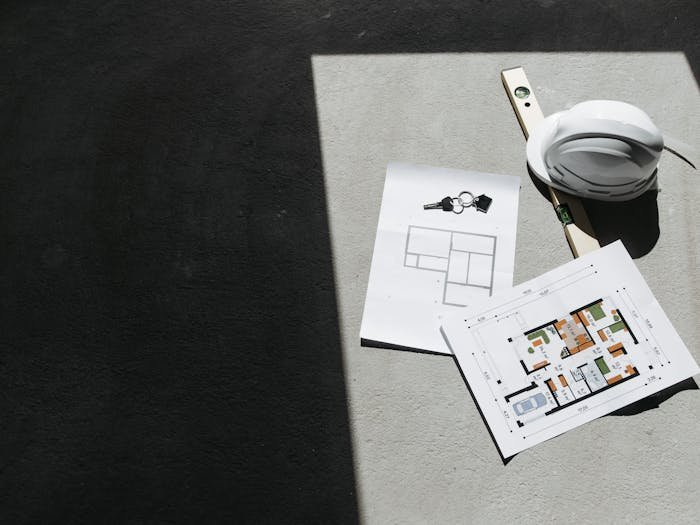 Plans d&rsquo;architecture avec casque de chantier blanc.