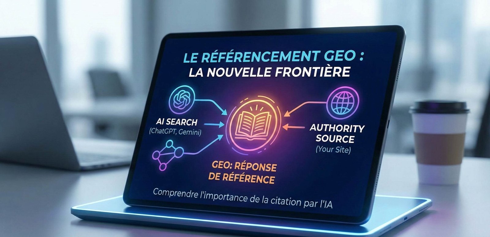 Ordinateur affichant concept de référencement géo par IA